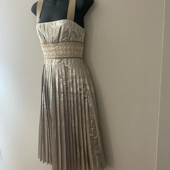 MALANDRINO Gold Tan Midi Pleated Dress - Picture 4 of 9